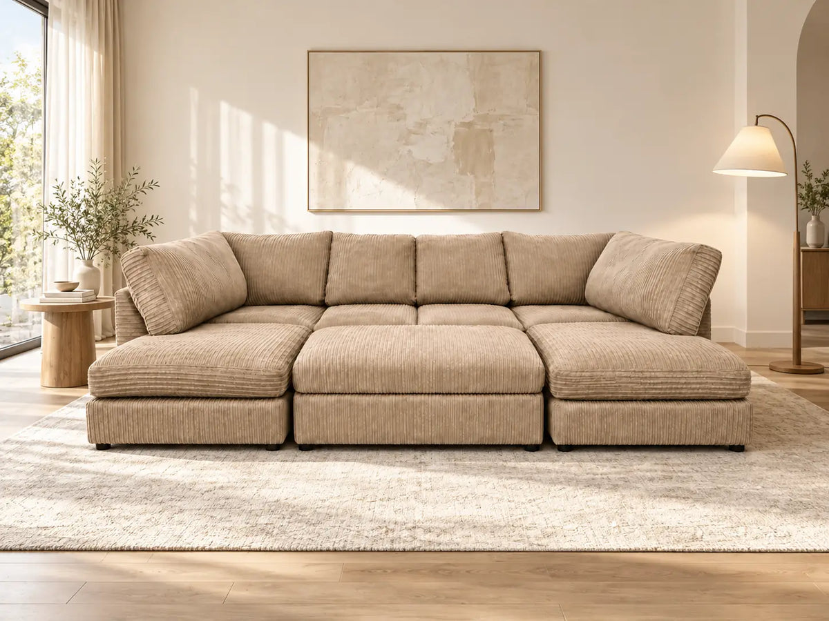 Jumbo Cord U-Shape Sofa with Footstool – Scatter Back | U-Shape Corner | Jumbo Cord | 9 Colours | Seats 6-7, Modular Lounger | Free UK Delivery