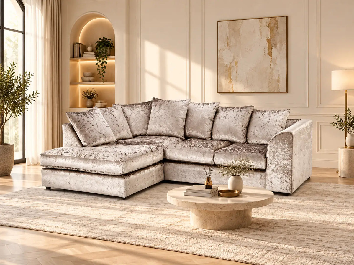 Crushed Velvet Corner Sofa | 4 Seater Corner | Crushed Velvet | 3 Colours | Left or Right Hand Facing | Free UK Delivery
