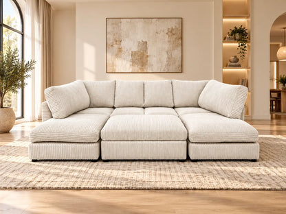 Jumbo Cord U-Shape Sofa with Footstool – Full Back | U-Shape Corner | Jumbo Cord | 9 Colours | Seats 6-7, Modular Lounger | Free UK Delivery