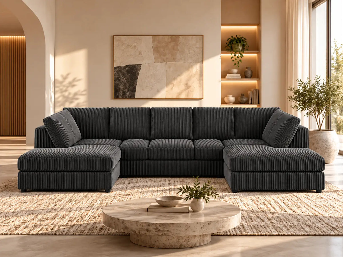 Jumbo Cord U-Shape Sofa with Footstool – Full Back | U-Shape Corner | Jumbo Cord | 9 Colours | Seats 6-7, Modular Lounger | Free UK Delivery