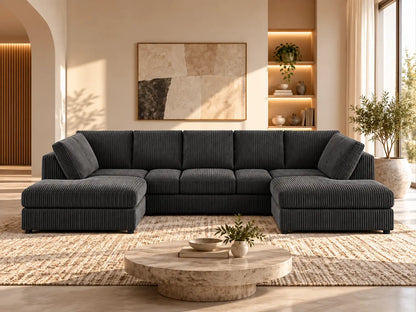Jumbo Cord U-Shape Sofa with Footstool – Full Back | U-Shape Corner | Jumbo Cord | 9 Colours | Seats 6-7, Modular Lounger | Free UK Delivery
