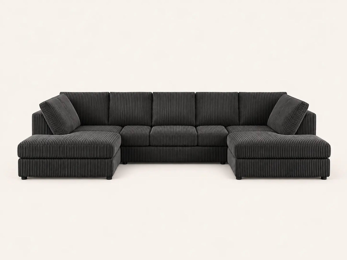 Jumbo Cord U-Shape Sofa with Footstool – Full Back | U-Shape Corner | Jumbo Cord | 9 Colours | Seats 6-7, Modular Lounger | Free UK Delivery