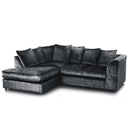 Crushed Velvet Corner Sofa 4 Seater in Black crushed velvet, left hand facing