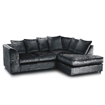 Crushed Velvet Corner Sofa 4 Seater in Black crushed velvet, right hand facing