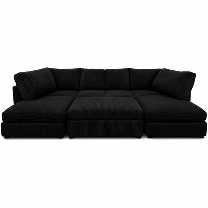 Jumbo Cord U-Shape Sofa with Footstool – Full Back in Black jumbo cord