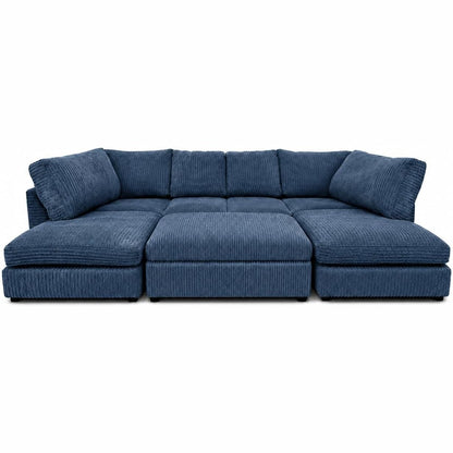 Jumbo Cord U-Shape Sofa with Footstool – Full Back in Blue jumbo cord