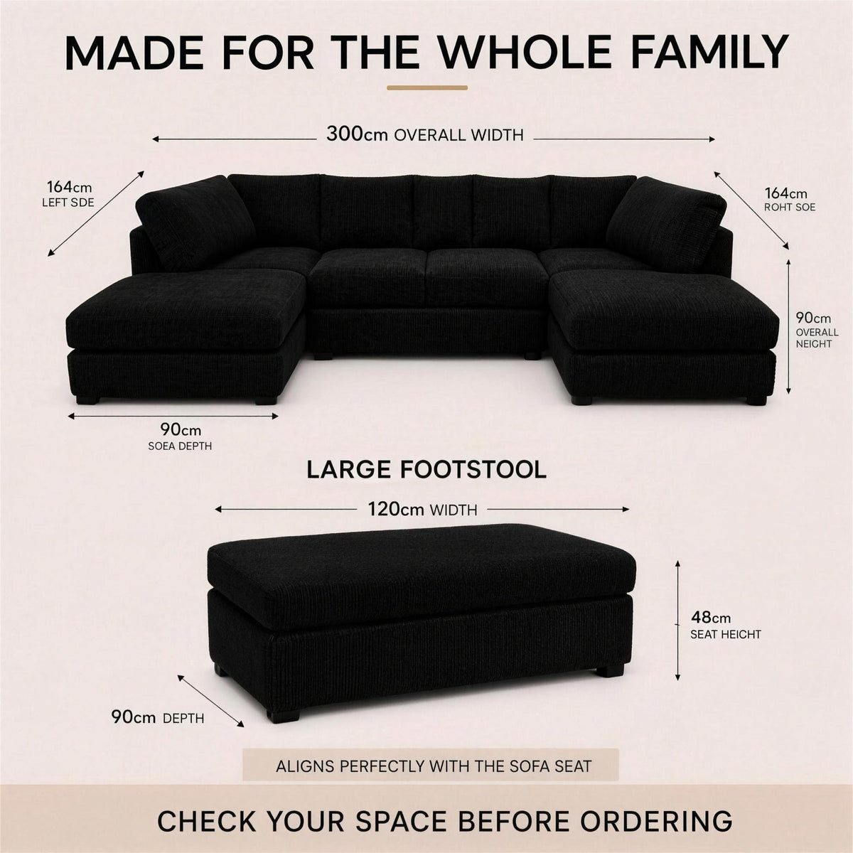 Jumbo Cord U-Shape Sofa with Footstool – Full Back in jumbo cord – detail view 3