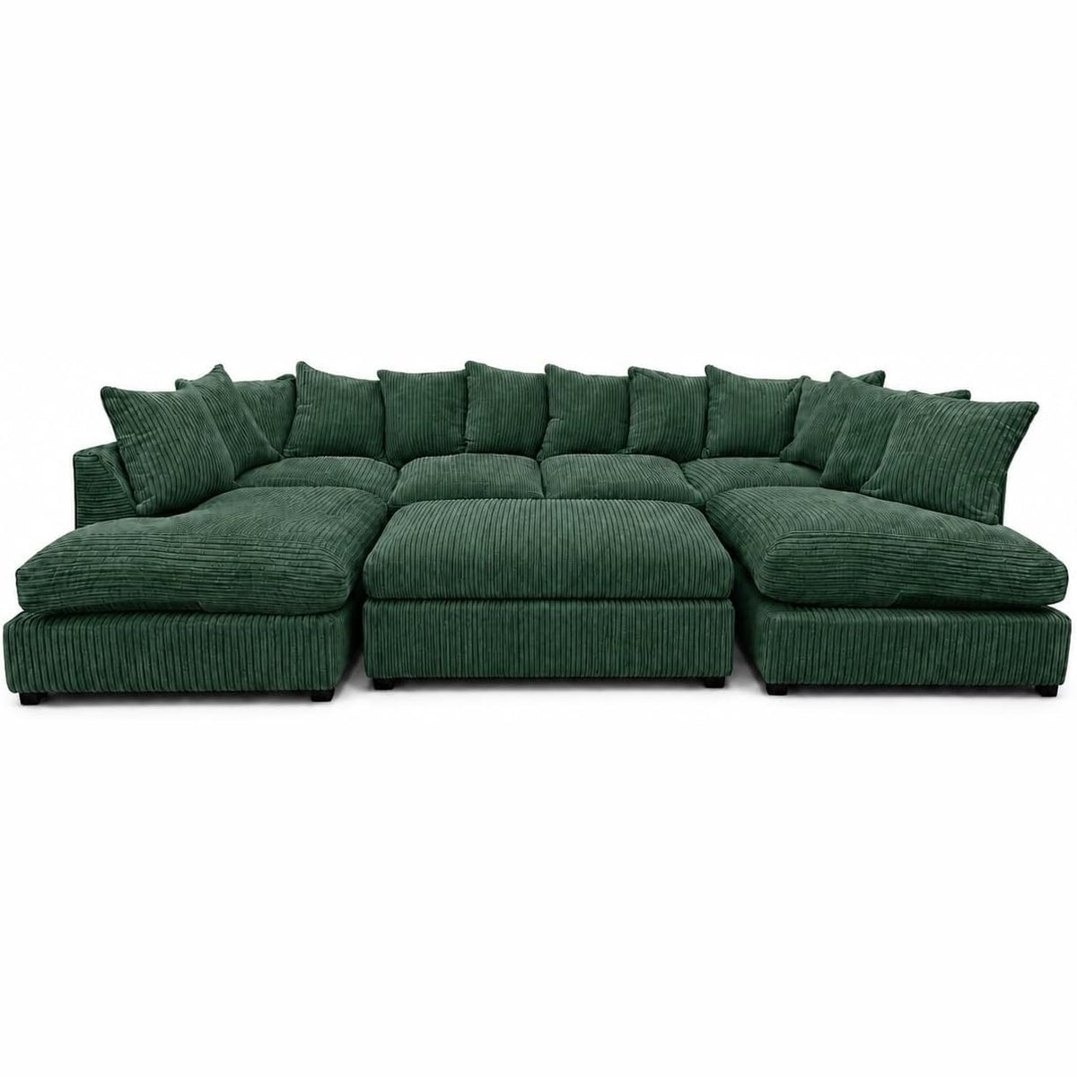 Jumbo Cord U-Shape Sofa with Footstool – Scatter Back in Green jumbo cord