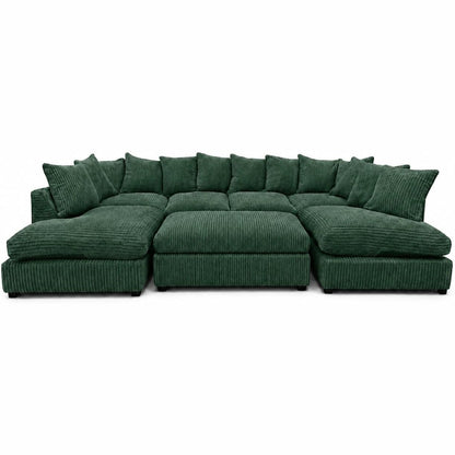 Jumbo Cord U-Shape Sofa with Footstool – Scatter Back in Green jumbo cord