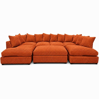 Jumbo Cord U-Shape Sofa with Footstool – Scatter Back in Orange jumbo cord